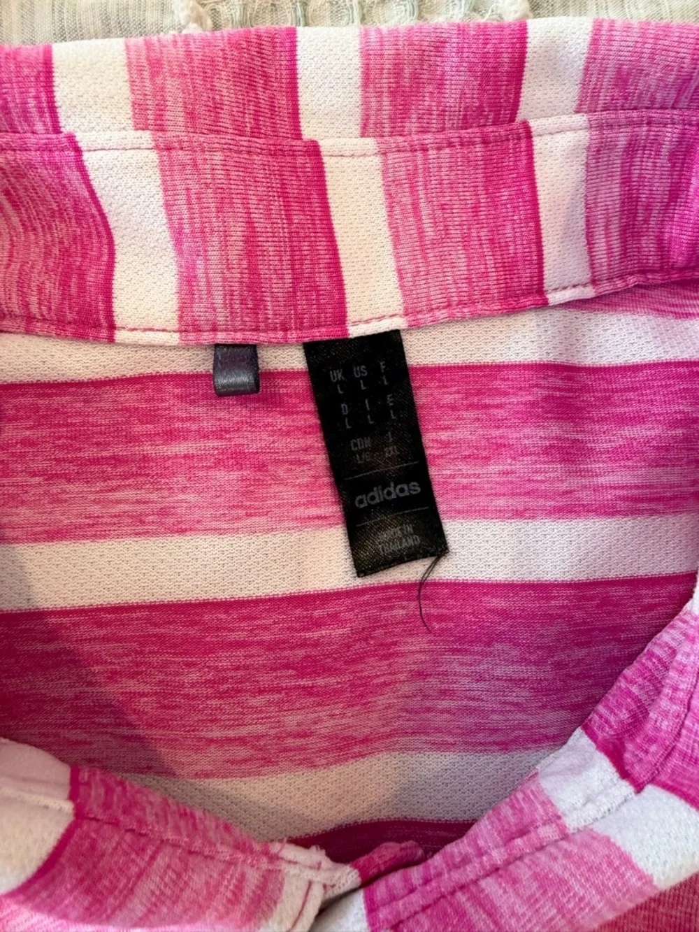 Adidas Men’s Golf Polo Shirt Large Pink White Stripe Lightweight Tipsy Tabs